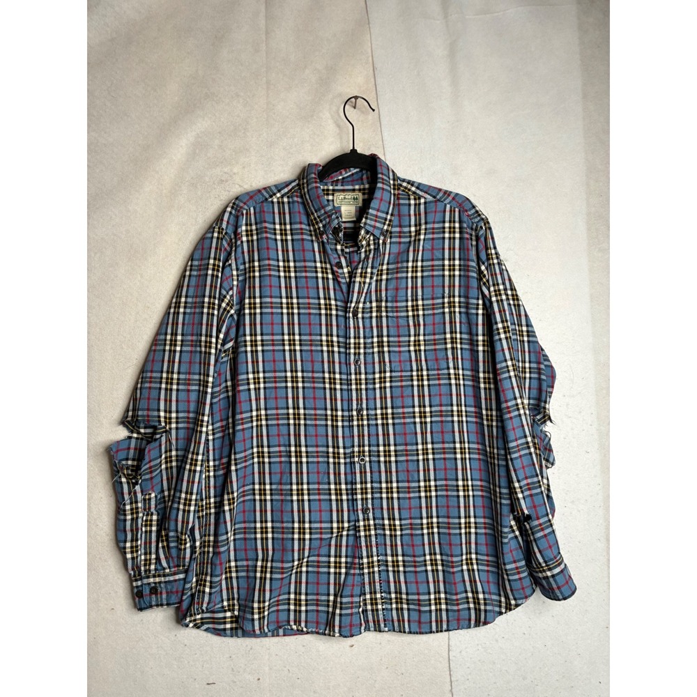 LL Bean Mens Large Regular Plaid Flannel Shirt Blue Red Button Down Distressed